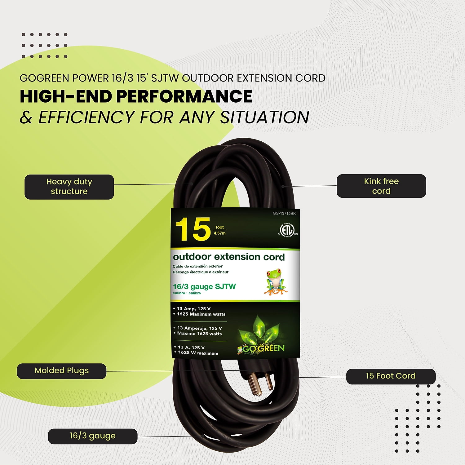 GoGreen Power 16/3 15 ft Black 1 Outlet Heavy Duty Extension Cord