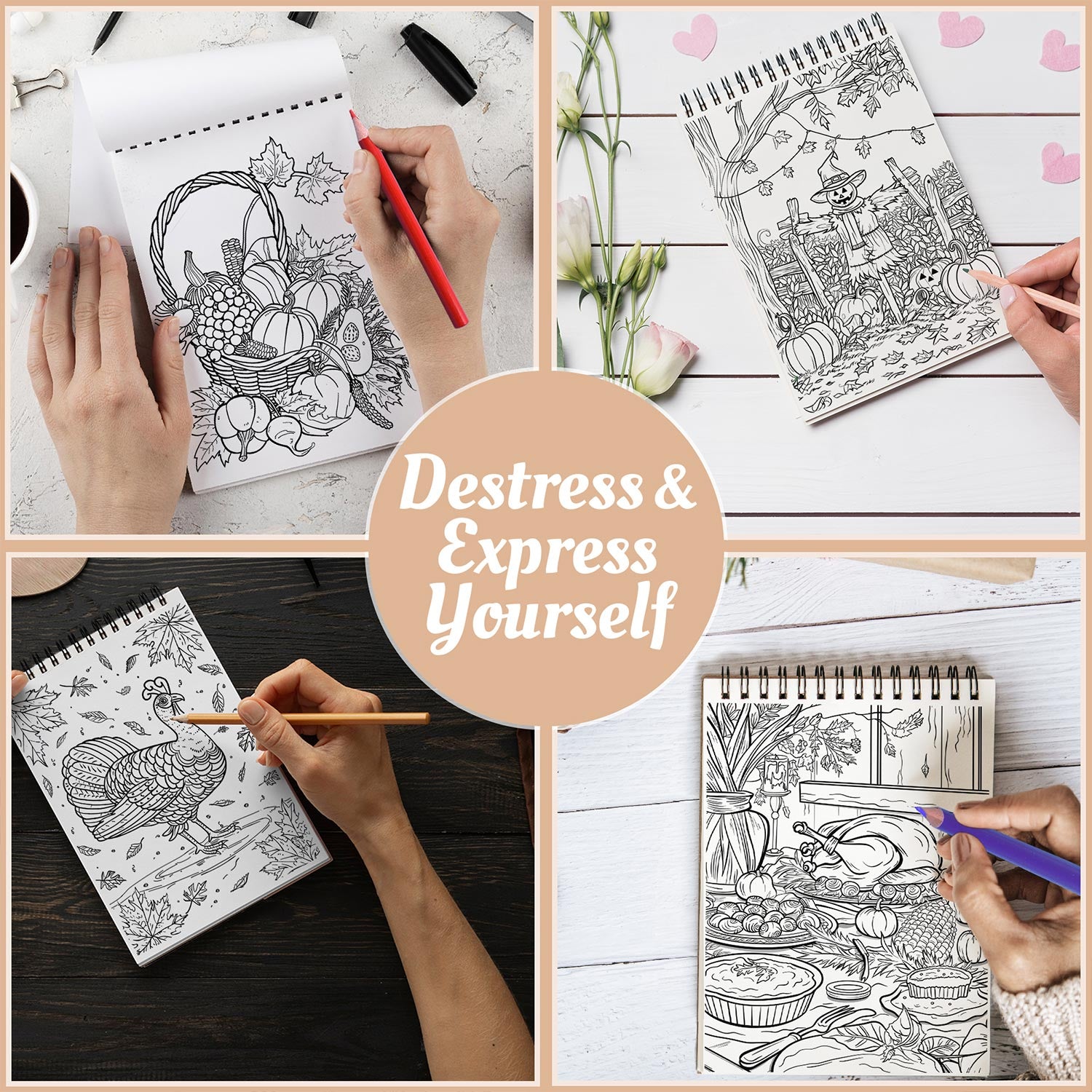 Netecom Fall and Thanksgiving Coloring Book Spiral Bound for Adults, A5 Wooden Cover, 30 Autumn Coloring Pages of Thanksgiving Holiday for Stress Relief and Relaxation