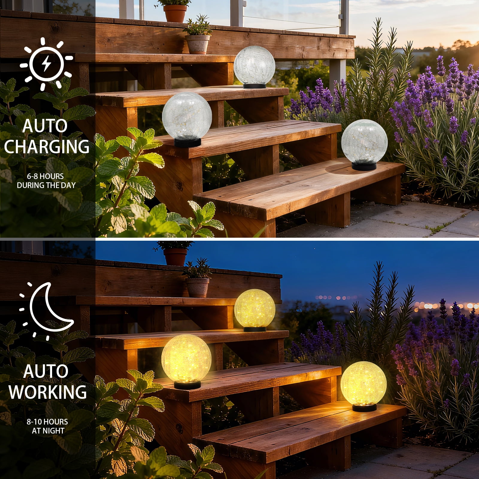 Garden Solar Ball Lights Outdoor Waterproof, 50 LED Cracked Glass Globe Solar Powered Ground Lights for Path Yard Patio Lawn - Solar Lights Outdoor, Christmas Decoration Landscape Warm White (2 Pack)