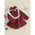 thumbnail image 3 of Bslissey Baby Girls Christmas Romper Dress Lace Trim Crew Neck Long Sleeve Plaid Skirt Hem Jumpsuit with Headband Infant Toddler Casual Cute Clothes 0-24 Months, 3 of 9