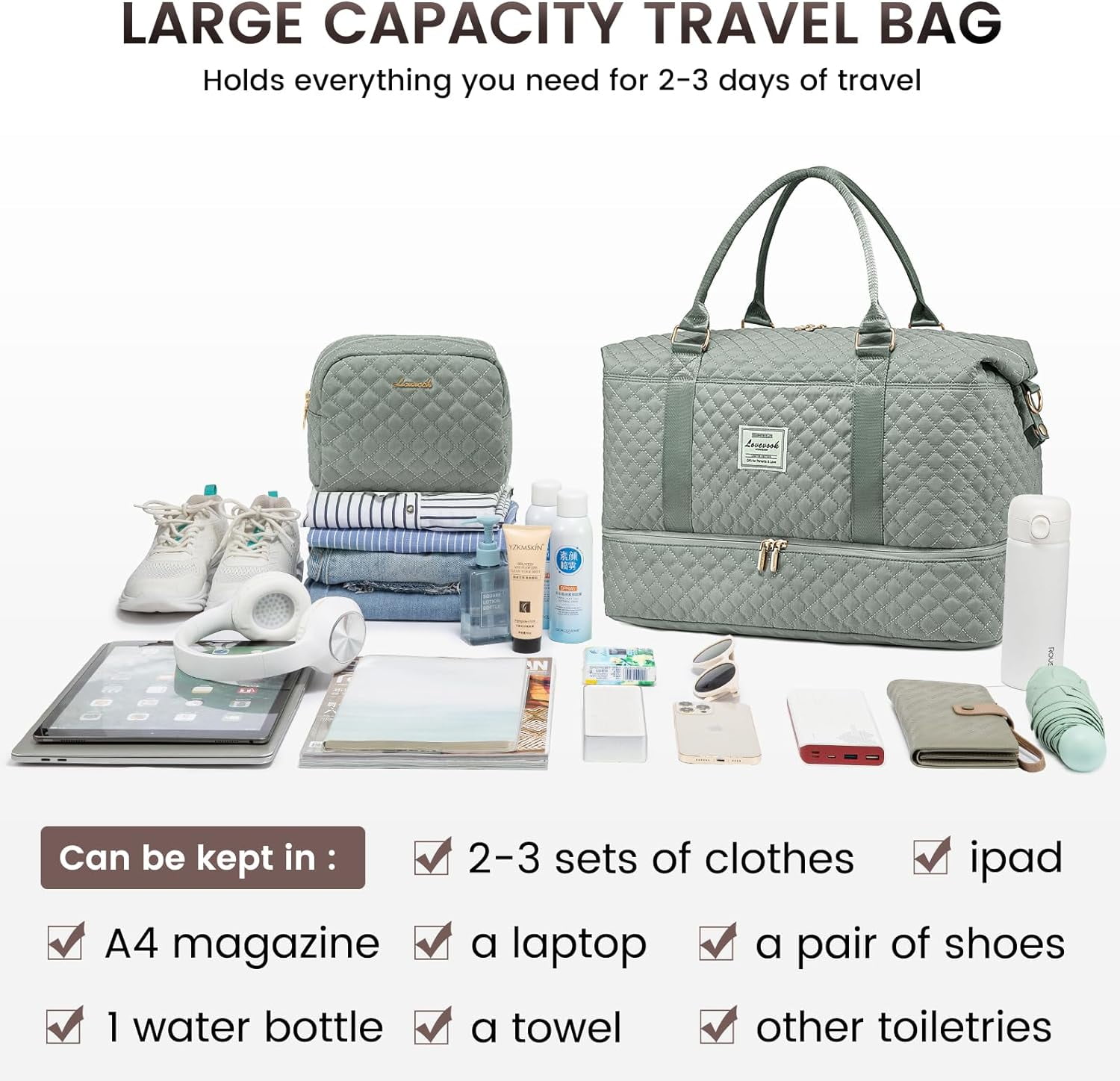 Travel Duffle Bag,Weekender Bags for Women with Shoe Compartment，Carry on Overnight Bag with Toiletry Bag,Gym Duffel Bag with Wet Pocket, Hospital Bags for Labor and Delivery