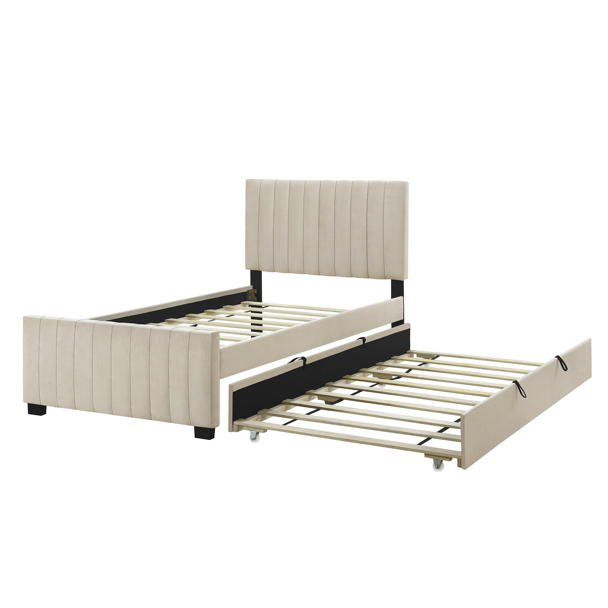 Aukfa Twin Size Upholstered Platform Bed Frame with Twin Size Trundle for Bedroom,Guestroom, Beige