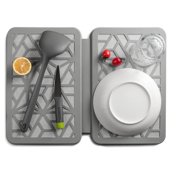 FaRest Tapete para Secar Platos de Piedra con Correas de Silicona, Tapete de Cocina Plegable de Secado Rápido, Gris Claro