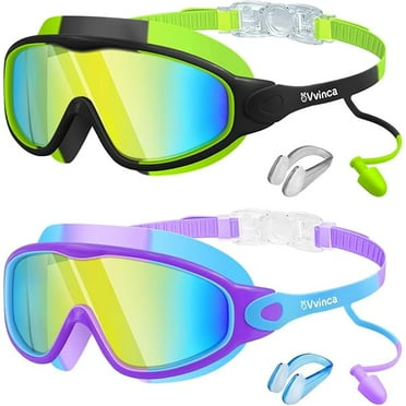 Swim Goggles, Kids Goggles with Earplugs& Nose Clip Wide View Anti-Fog/UV Swimming Goggles for Age 3-15 Boys Girls