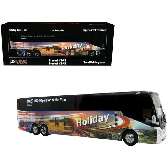 Prevost H3-45 Coach Bus "Holiday Tours - 2024 IMG Operator of the Year" White with Graphics Limited Edition 1/64 Diecast Model by Iconic Replicas
