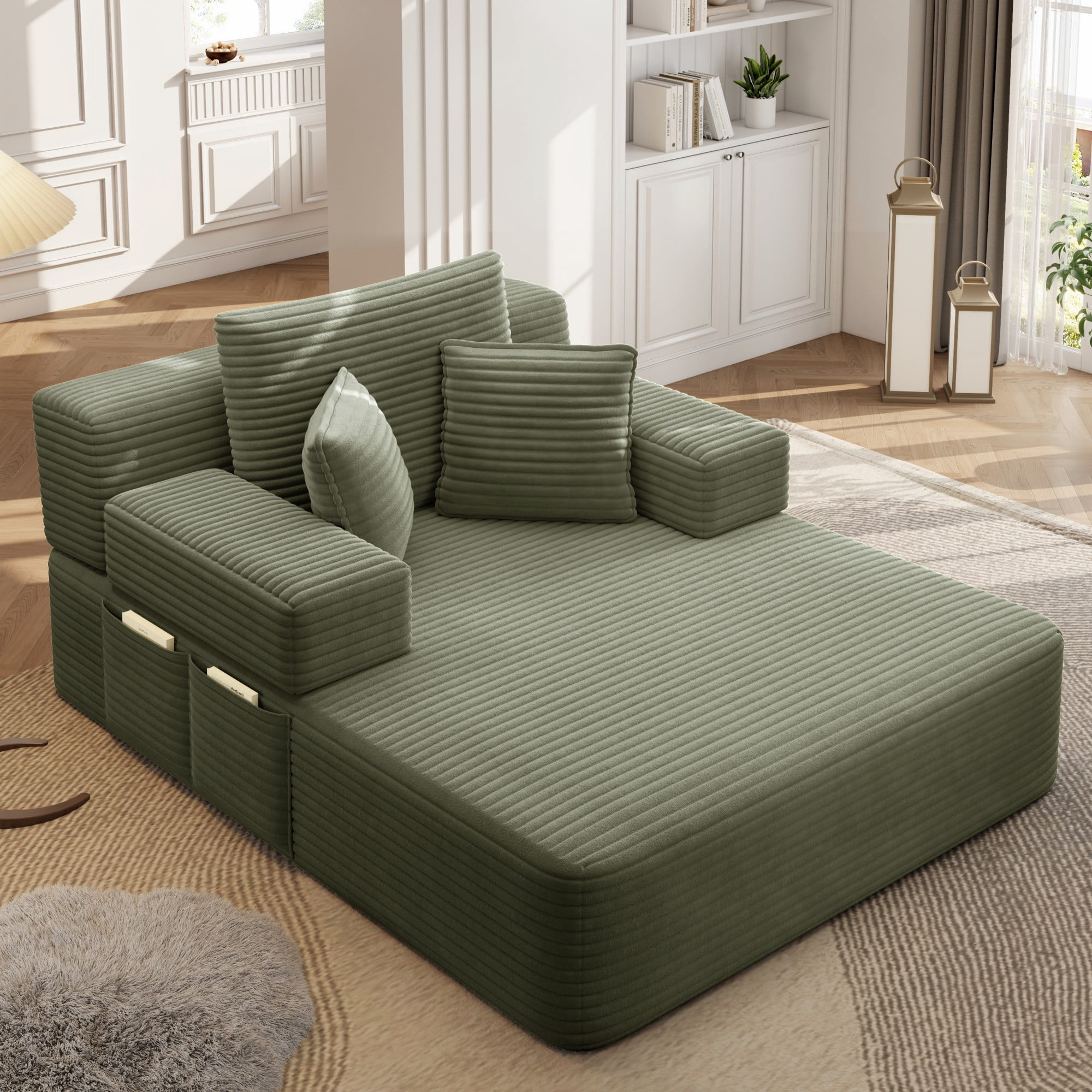 Aukfa Chaise Lounge Chair Indoor, Oversized Corduroy Boneless Sleeper Sofa Bed with Storage Pockets, Adjustable Backrest&3 Pillows, Reading Couch for Living Room Apartment, Green