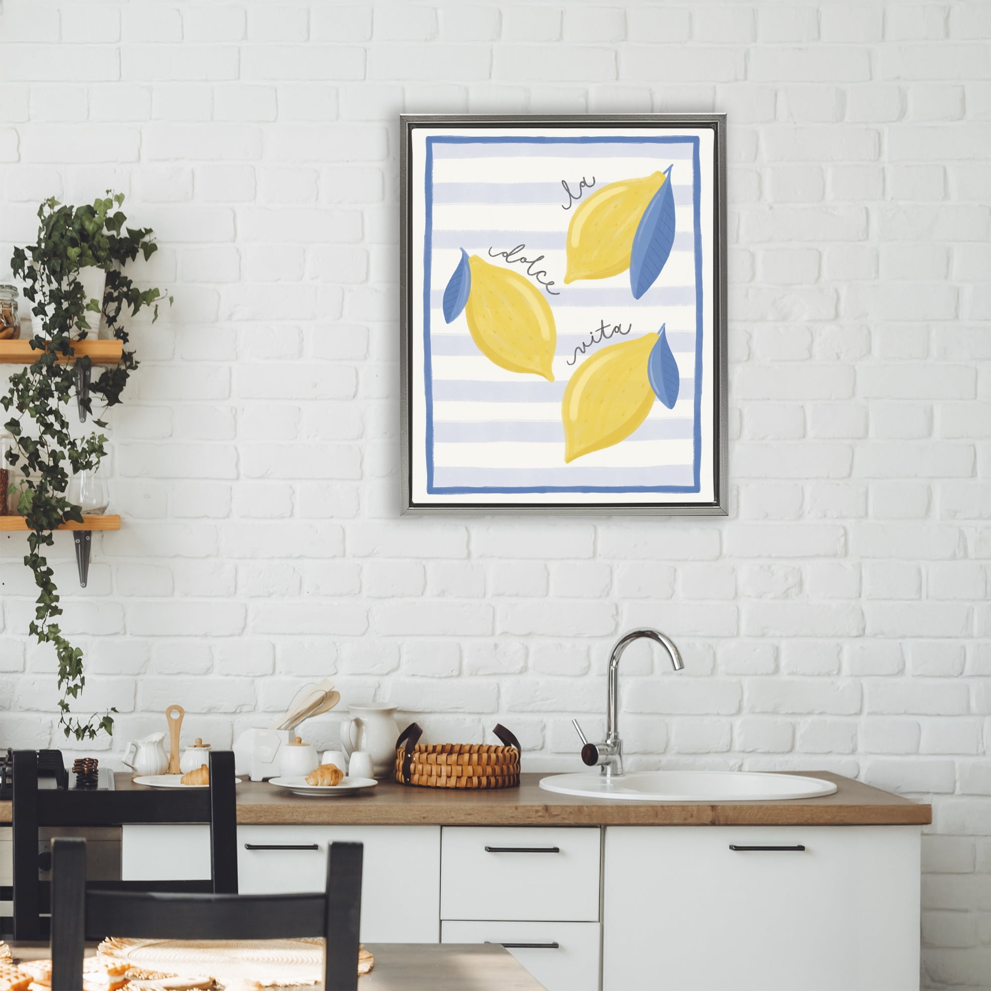 Stupell Industries Dolce Vita Lemons & Stripes Gray Framed Floater Canvas Wall Art, design by Jalynn Heerdt