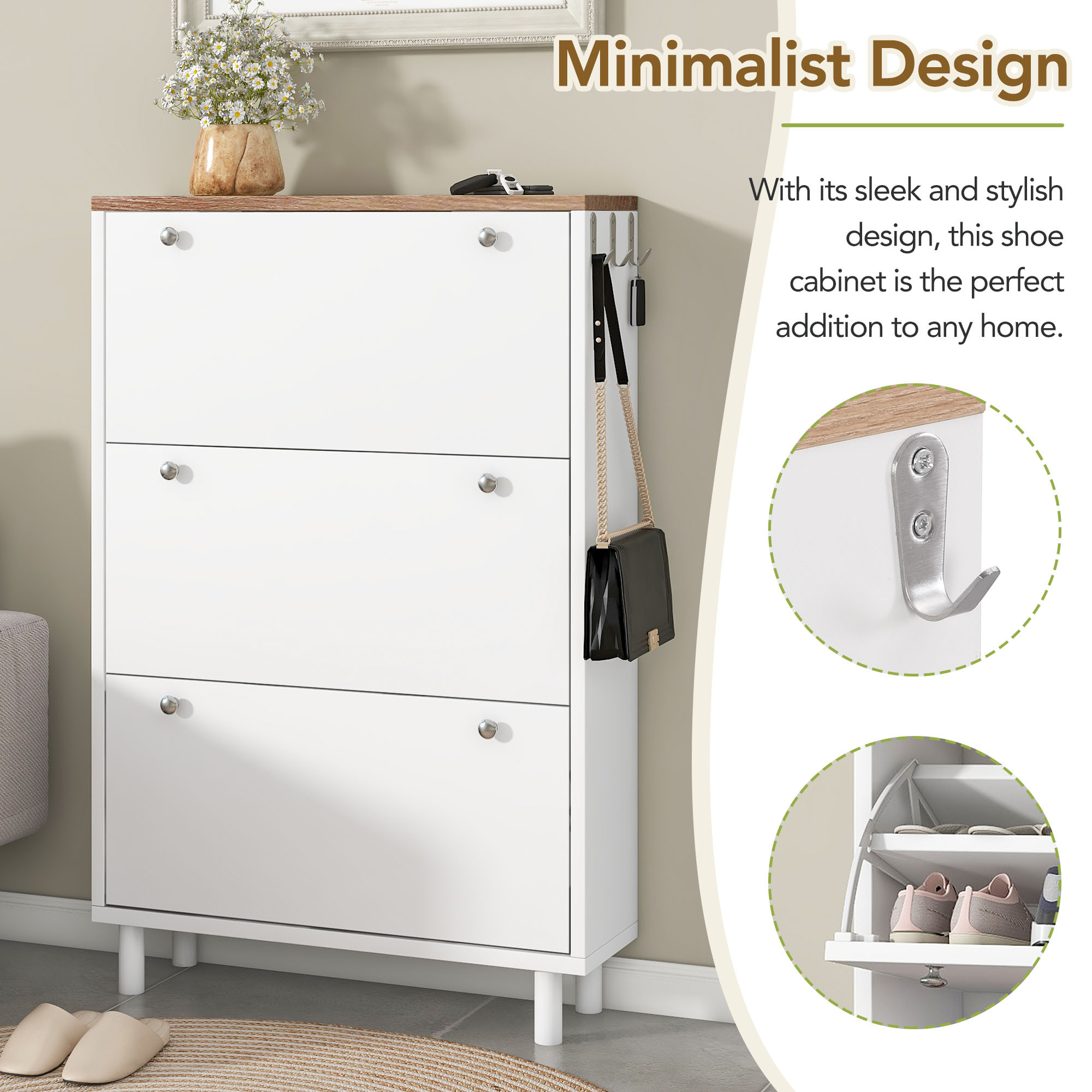 Leumius Narrow Shoe Cabinet with 3 Flip Drawers Adjustable Entryway Organizer with 3 Hooks, 47.6 inch x 31.5 inch