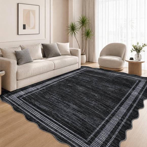 HIWEAVER Tapis Noir 8 Pieds x 10 Pieds Lavable à Bord Festonné pour Salon, Moderne, Uni, Géométrique, Tapis d'Accent pour Chambre, Couvre-Plancher Antidérapant, Déco Maison