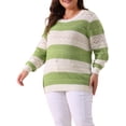 thumbnail image 4 of Unique Bargains Chandails Grande Taille pour Femmes Manches Longues Col Rond Léger Tricoté Creux Chandail Vert Blanc 2X, 4 of 6