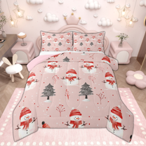 Manfei Cute Snowman Queen Comforter Set for Kids Girls, Pink Christmas Bedding Sets, Xmas Themed Bedding Comforter Set, Lightweight Room Decor, Reversible 3-Piece