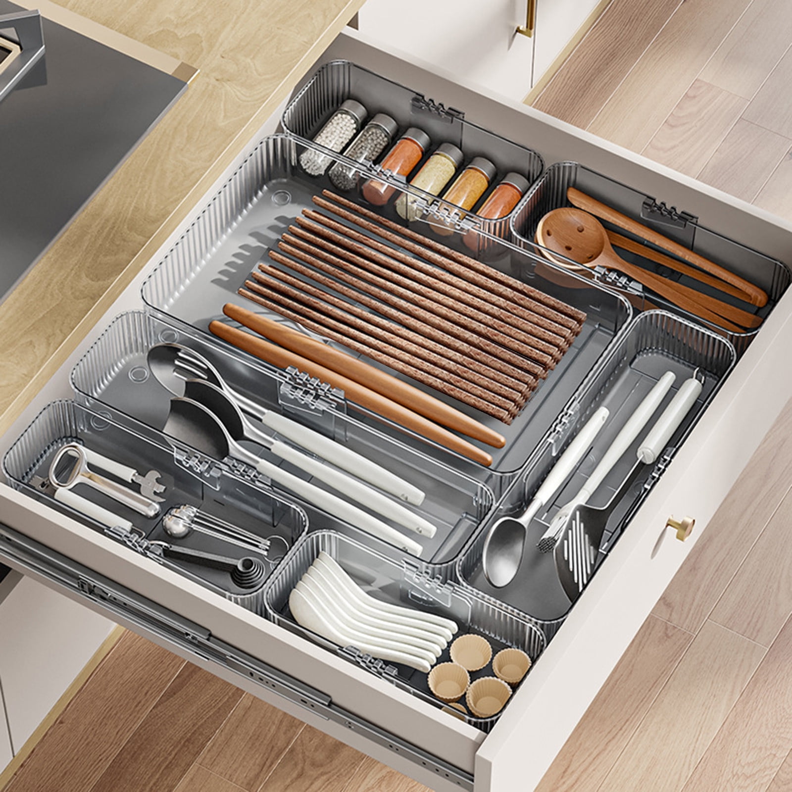 A Large Expandable Kitchen Drawer Organizer Adjustable Divider Clear Plastic Storage Box For Utensils Cutlery Office Supplies Multiple Compartments 14.17 Inches