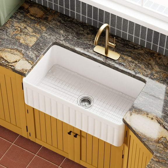Los Flexi 33" x 18" White Farmhouse Sink, Reversible Apron Front with Deep Single Bowl, Includes Grid and Drain Strainer