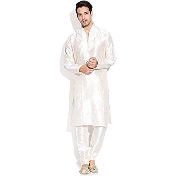 Royal Kurta Men's Silk Blend Hineck Kurta Churidaar Set Beige