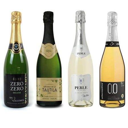 Sparkling Wine Sampler - Four (4) Non-Alcoholic Wines 750ml Each - Elivo Zero Zero Deluxe Sparkling, Princess Bollicine Bianco Extra Dry, Perle Blanc, and Tautila Espumoso Blanco