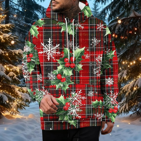 Yusimy Mens Christmas Printed Hoodie with Pockets & Drawstring Long Sleeve Pullover Athletic Top
