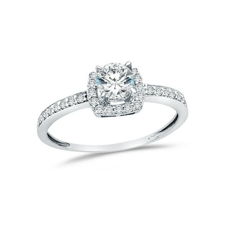 Solid 14k White Gold Round Cut Halo Wedding Engagement Ring with Side Stones, CZ Cubic Zirconia (1 ct.) , Size