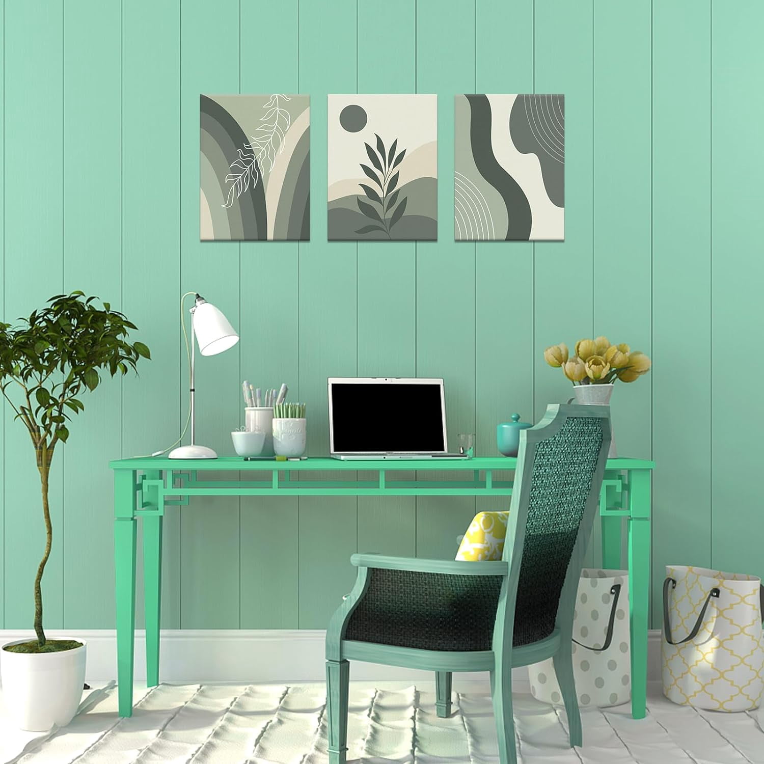Boho Wall Art Decor Framed Canvas Print Wall Art Set Mid-Century Modern Posters Minimalist Botanical Geometric Abstract Neutral Room Decor for Bathroom, Bedroom, Living Room, Office 12”x16”x3Pcs