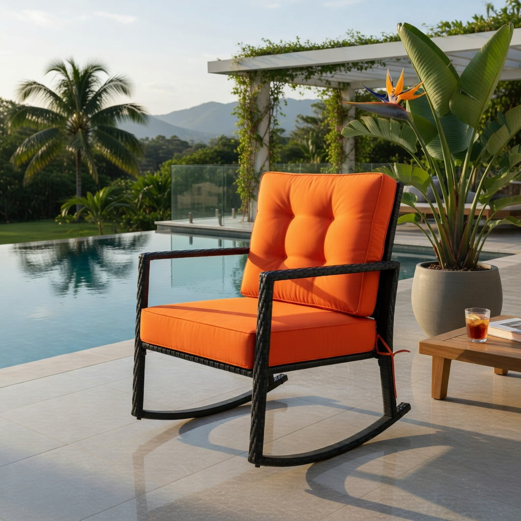 Hommoo Outdoor Rattan Rocking Chair with Thick Cushions, PE Wicker Glider for Patio, Backyard, Deck, Rustic Black Frame, Orange