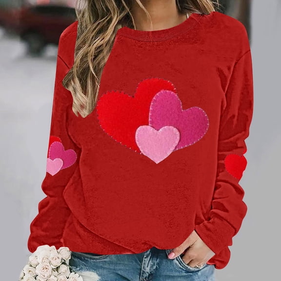 Women's Valentines Sweatshirts Plus Size Cute Love Heart Graphic Blouses Long Sleeve Round Neck Shirts Valentine's Day Printed Sweater Pullover Tops