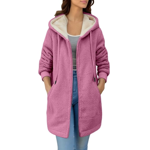 Bibifish Womens Coats Fleece Lined Hooded Full Zip Up Jackets Long Length Side Pocket Warm Cozy Cold Weather Daily Wear Comfy Coats