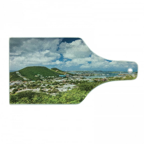 Dutch Cutting Board, Cityscape Photo of Philipsburg Capital City of Sint Marteen Island from Antilles, Decorative Tempered Glass Cutting and Serving Board, in 3 Sizes, by Ambesonne