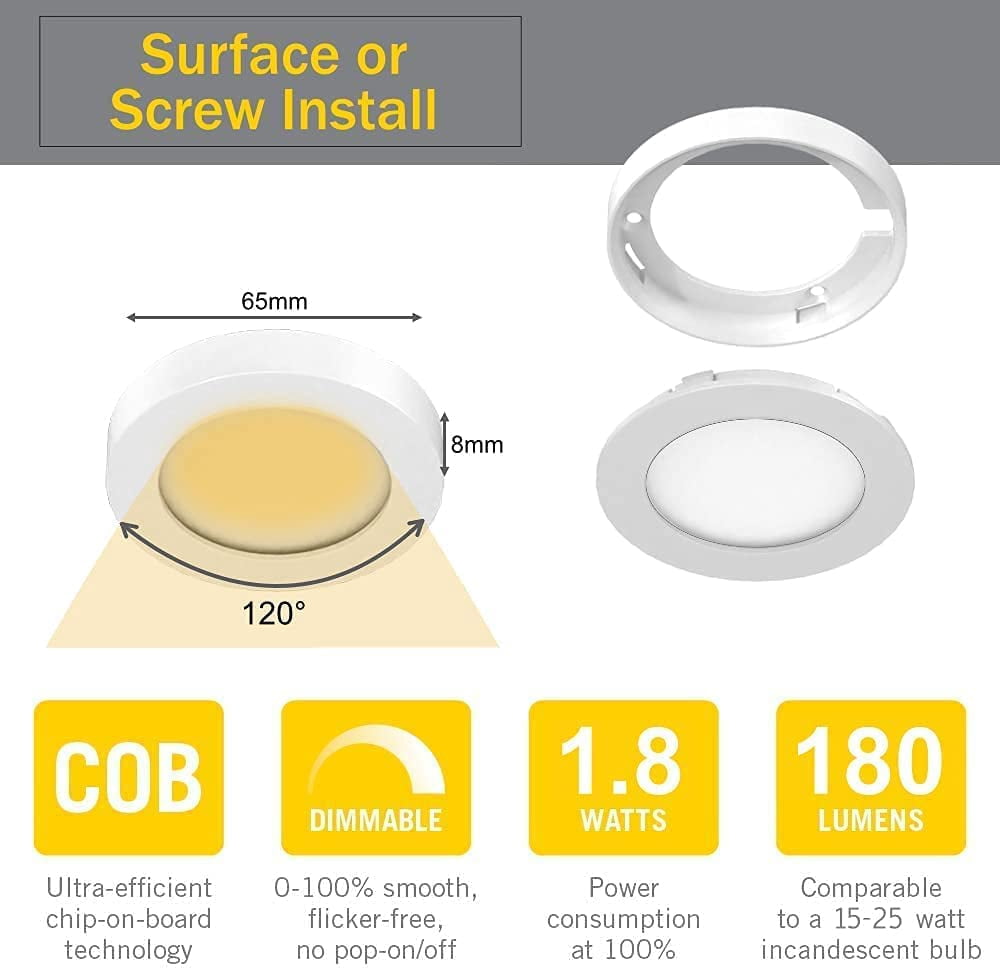 VST Under-Cabinet LED Lights, 2W (12W Total, 60W Equivalent), Wireless Dimmer Switch, Recessed or Surface Mount Puck Light for Kitchen, 3000K, 6 Pack，White