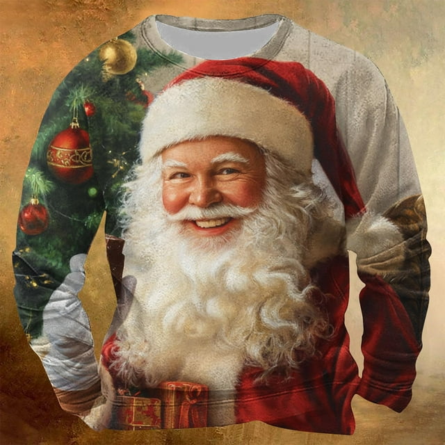 Sudadera sin capucha para hombre, informal, a la moda, con cuello redondo, estampado navideño, jersey de manga larga, blusa de poliéster para hombre
