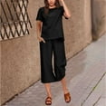 thumbnail image 2 of Miqool Women's Cotton Linen Summer Outfits Casual Short Sleeve Pullover Tops and Wide Leg Capri Pants 2 Piece Lounge Sets Tracksuits, 2 of 5