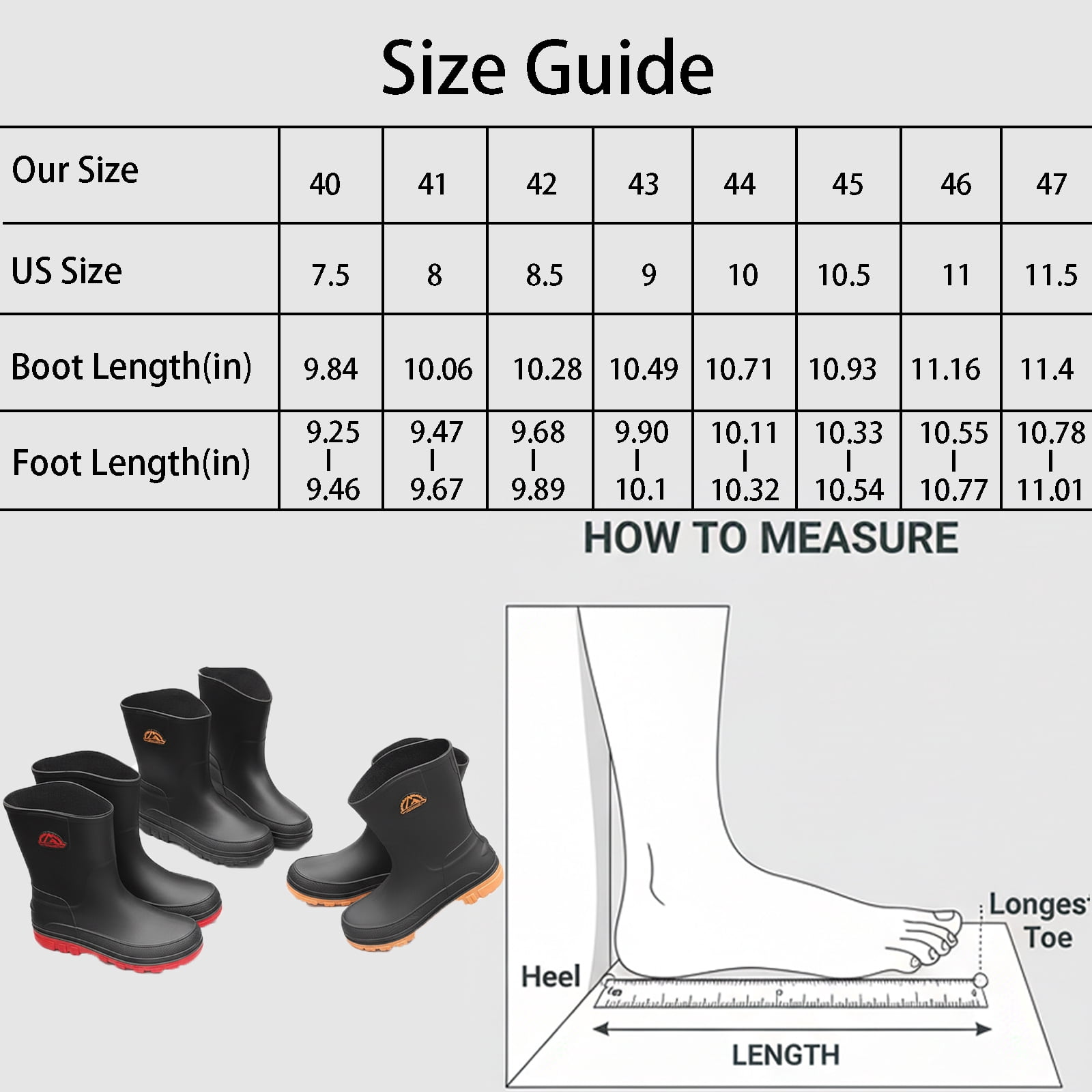 Liyufly Rain Boots for Men, Non-Slip Waterproof Rubber Boots Outdoor Garden Mid Calf Muck Work Shoes Rainboots for Fishing Climbing, Black & Red, Size 10.5