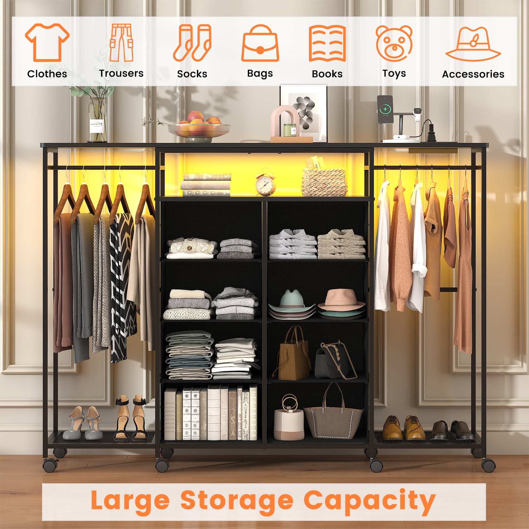 Frmobepts Dresser with Clothes Rack, 8 Drawers Dresser with Charging Station & LED Lights, Black Storage Unit with Wheels for Bedroom, Closet