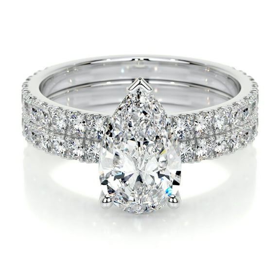 First Jewel Silver 14K White Gold Over Ring for Her - Pear Cut Excellent 2 Ct Diamond Ring For Women's - Solitaire With Accent Diamond Ring for Couples - Eternity Band Diamond Ring for Women's