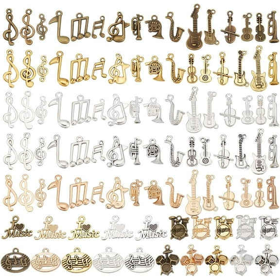 100pcs 5 Colors Music Charms Vintage Style Instrument Dangle Pendants Music Note Charms Alloy Musical Symbols for Earring Necklace Jewellery Making Keychain DIY Crafts 0.6~3.4 Inch