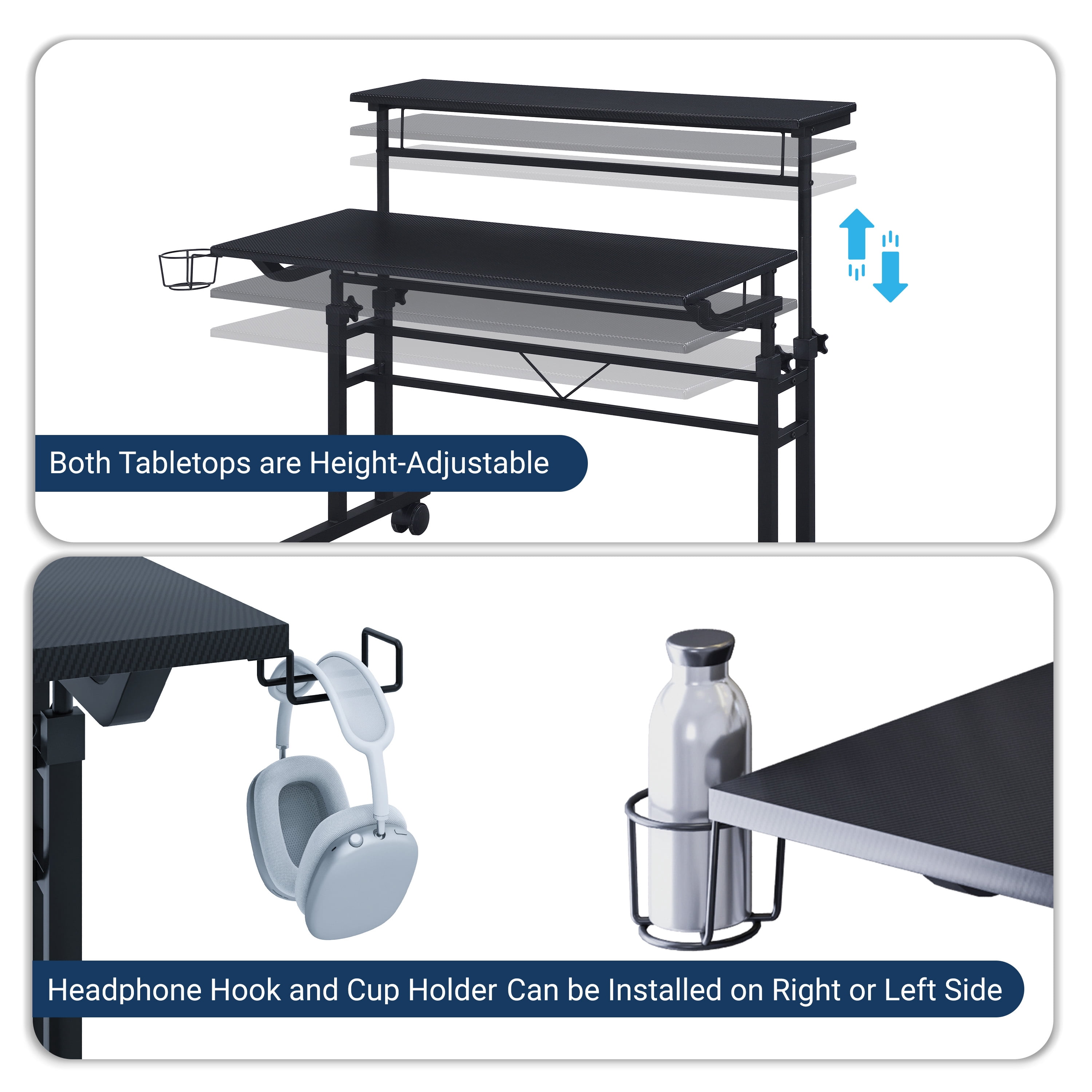 Rolling Writing Desk with Height Adjustable Desktop and Moveable Shelf, Black