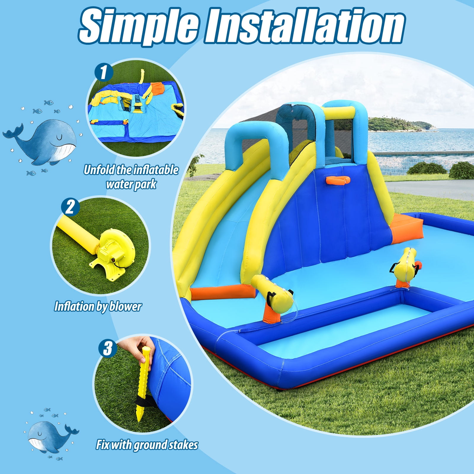 Topbuy Inflatable Bounce House Water Slide Bouncer with Ball Shooting Climbing Wall for Outdoor Entertainment without Blower