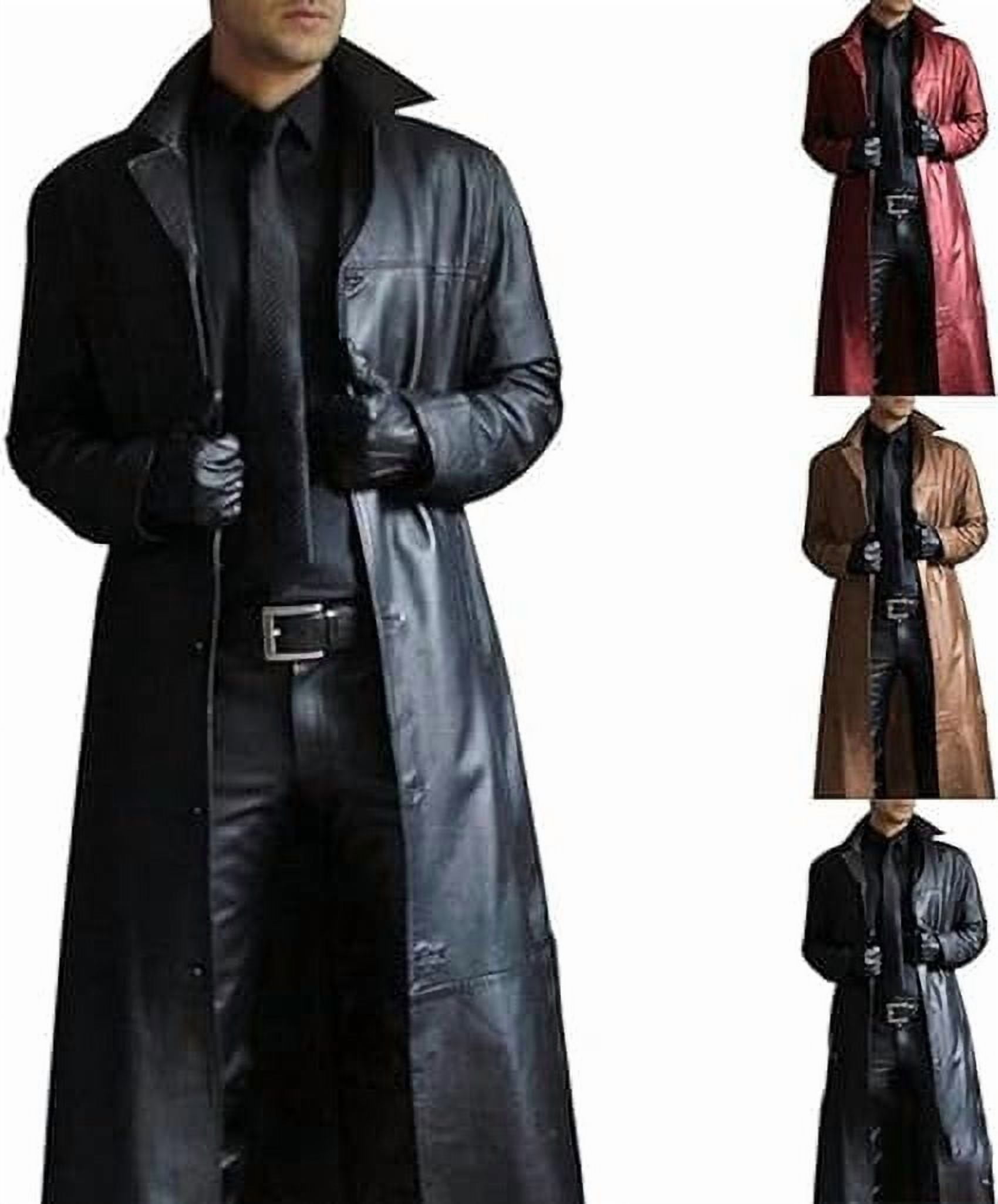 Mens Leather Trench Coat Full Length Black Classic Faux Leather Long Coat Retro Black Leather Jacket Long Steampunk Overcoat