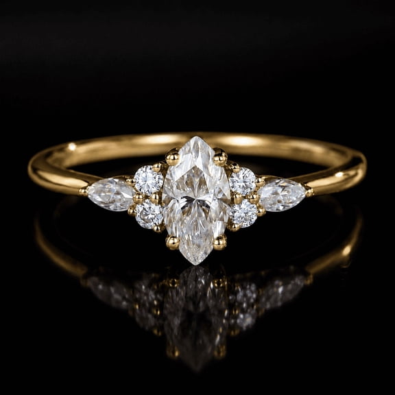 Diiro Marquise Cut Moissanite Diamond Ring 14K Vermeil Yellow Gold Floral Vine Side Stones Engagement Ring, Promise Ring for Her