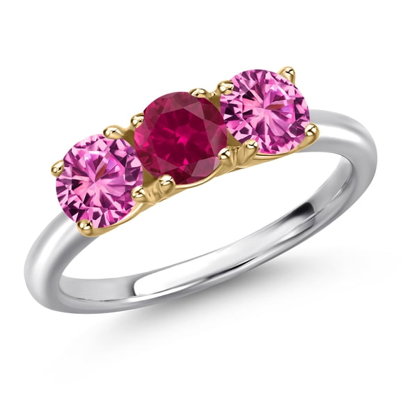 Gem Stone King 10K Two Tone Gold Red Created Ruby and Pink Created Sapphire Engagement Ring for Women | 1.70 Cttw | Round 5MM | Gemstone July Birthstone | Size 6