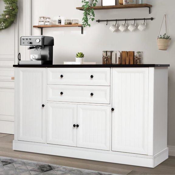 Haverchair 58" Sideboard Buffet Cabinet, Farmhouse Coffee Bar Cabinet w/4 Grooved Barn Doors and 2 Large Drawers, Wood Buffet Table with Adjustable Shelf, Kitchen Storage Cabinets for Dining Room