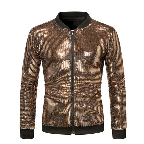 KAUOD Sequin Jacket for Men Fashion Men's Metallic Jacket 70s Disco Christmas Party Varsity Jacket Zip-up Baseball Bomber