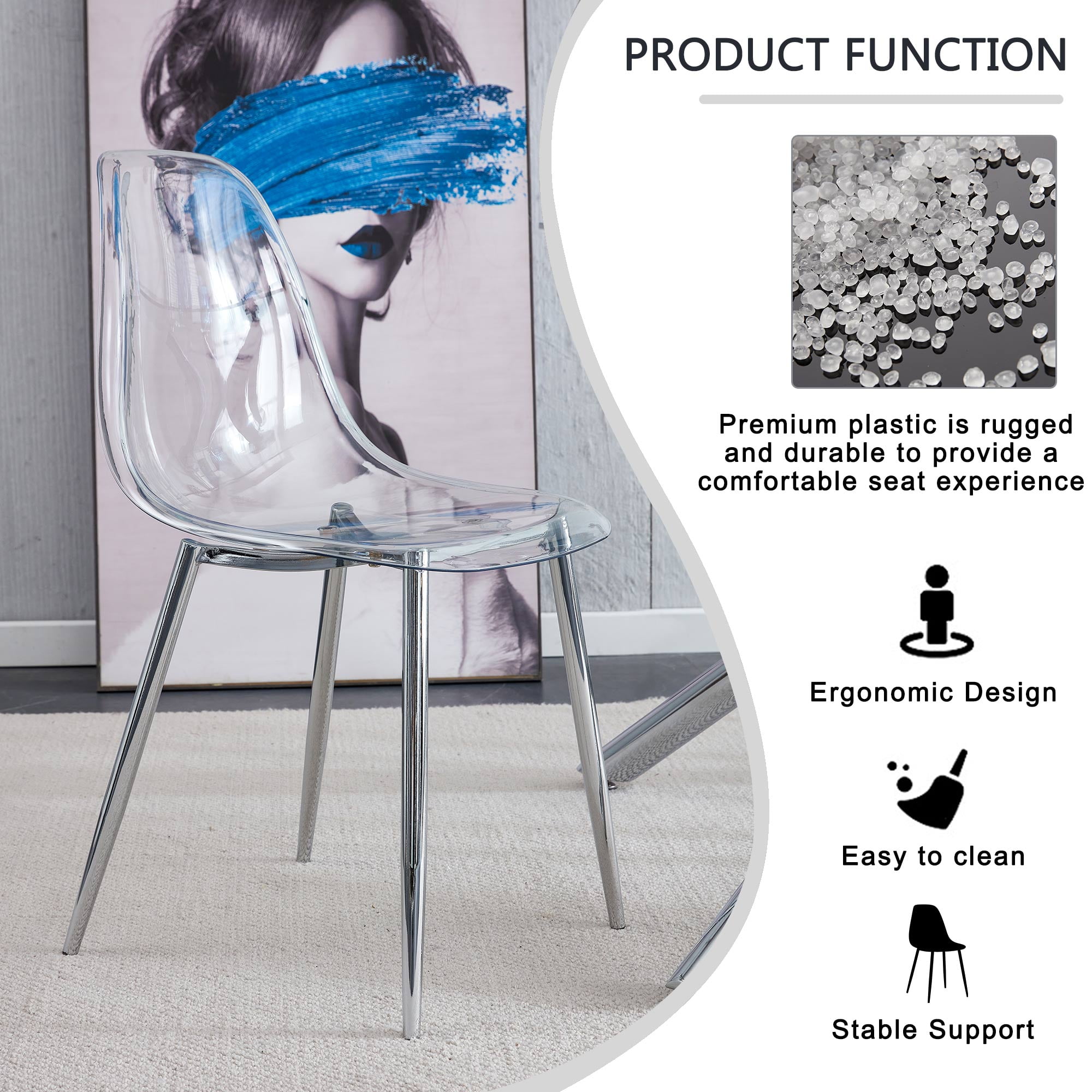 NYEESS Set of 4 Clear Transparent Dining Chairs Armless with Sliver Metal Legs Modern Acrylic Side Chairs for Kitchen Dining Room