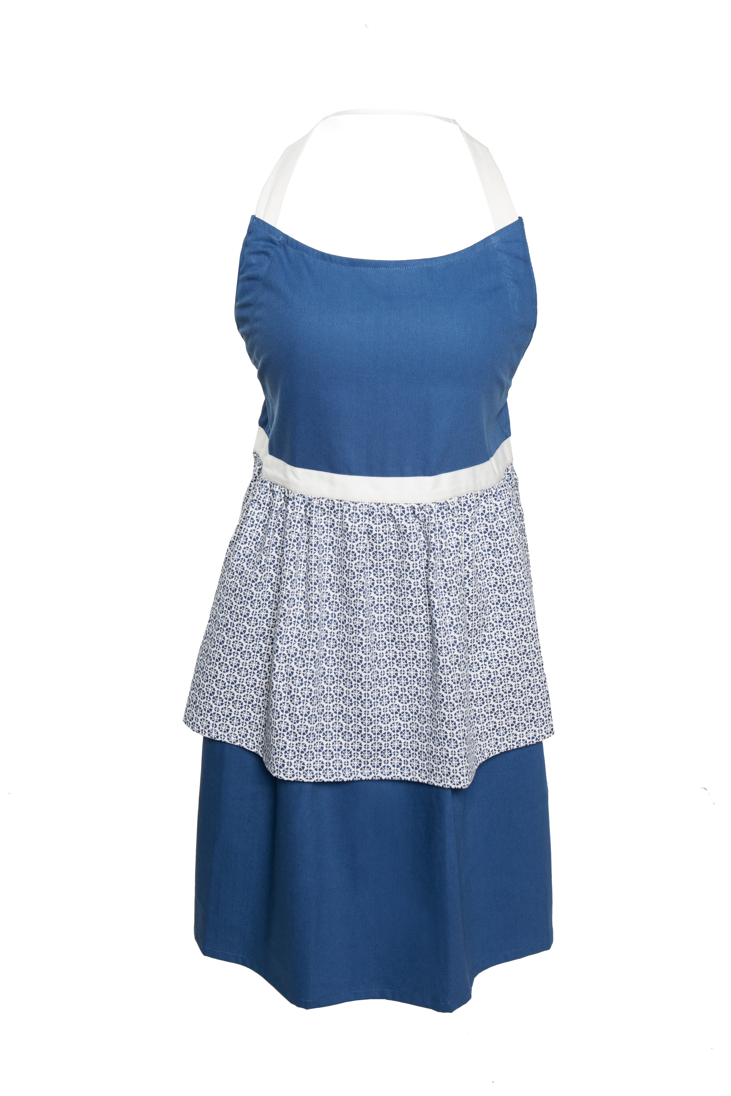 Sticky Toffee Women's Cotton Cooking Apron, Dark Blue Medallion with Ruffle Skirt, Adjustable Tie, 34 in x 34 in