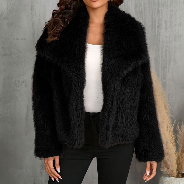BXINGOHAI Women's Cropped Faux Fur Jacket Lapel Collar Long Sleeve