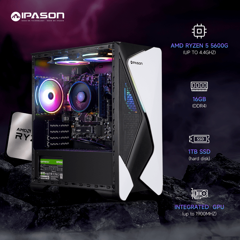 IPASON Gaming Desktop PC, AMD Ryzen 5 5600GT, 16GB RAM, 1TB