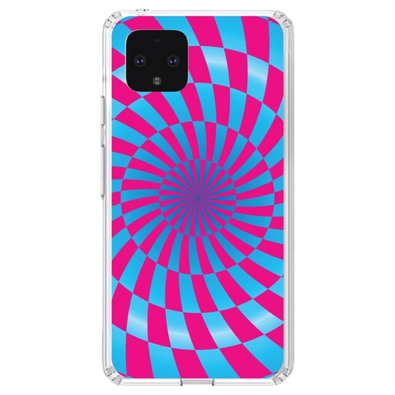 DistinctInk Clear Shockproof Hybrid Case for Google Pixel 4 (5.7" Screen) - TPU Bumper, Acrylic Back, Tempered Glass Screen Protector - Blue Pink Swirl Geometric