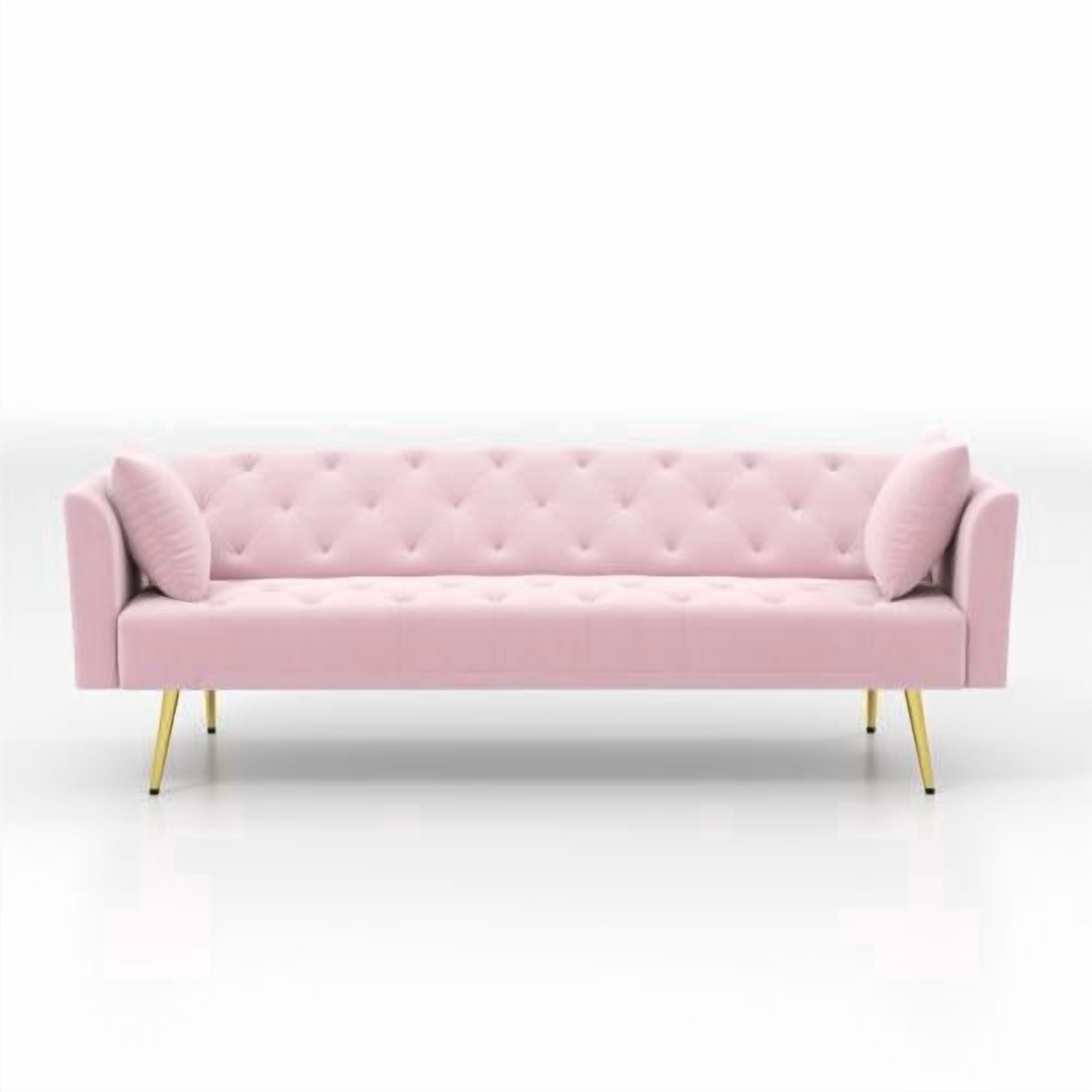 72-Inch Foldable Sleeper Sofa, Tufted American Retro Style, Velvet Couch with 3 Adjustable Positions, Ideal for Small Living Rooms, Bedrooms and Offices, Pink