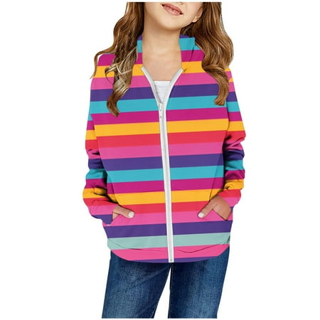 

Hooded Zip up Sweatshirt Kids Boys Girls Lightweight Hoodies Jackets Striped Print Long Sleeve Hooded Sweatshirts Tops Casual Loose Winter Shirts Pinky 9T
