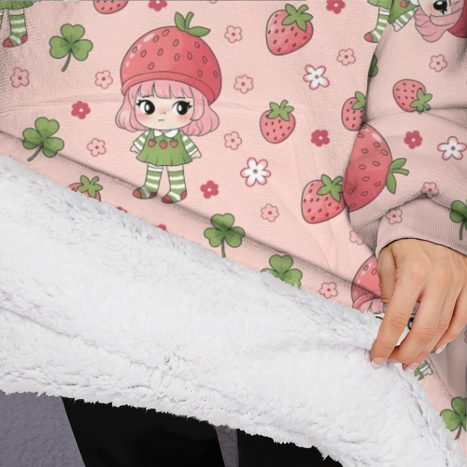 Oversized Wearable Blanket Hoodie,Strawberry Princess Pattern Sherpa Blanket Hoodie with Super Pockets,Super Warm Fuzzy Pullover for Women & Men