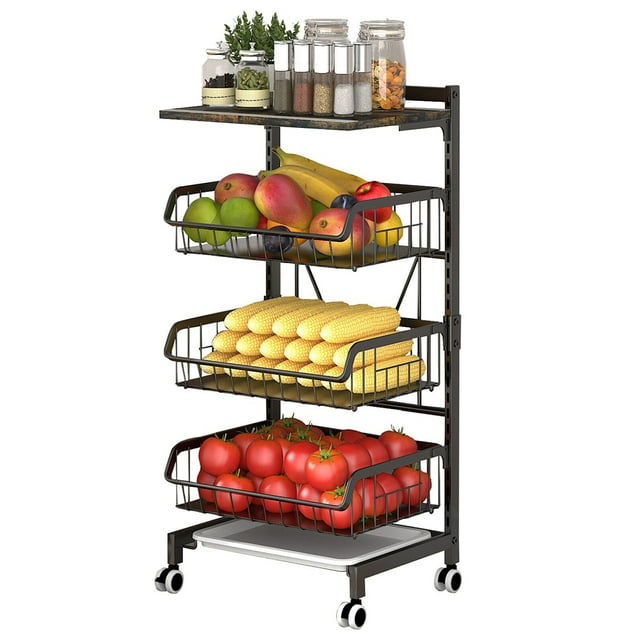 4-Tier Kitchen Carts on Wheels Adjustable Metal Large Capacity Fruit Vegetable Storage Basket Pantry Utility Cart with Wooden Tabletop and Mesh Baskets for Kitchen Bathroom Living Room Offic