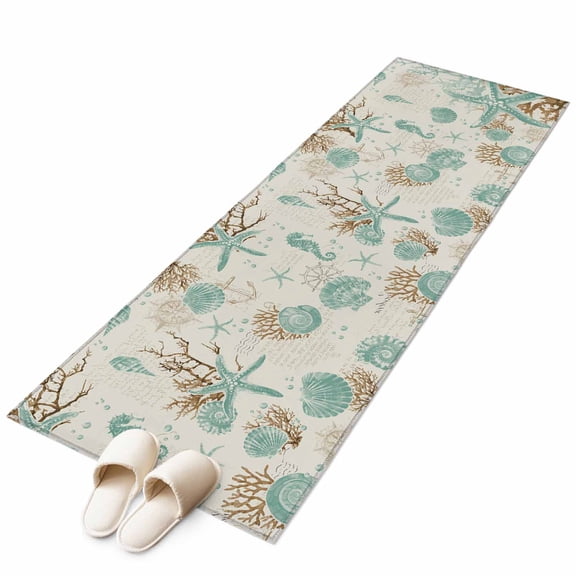 Aqua Coastal Starfish 2'x6' Runner Rug, Farmhouse Nautical Seahorse Coral Washable Non-Slip Area Rugs for Hallway Kitchen Floor Bedroom Entryway, Laundry Carpet Decoration Indoor Mat